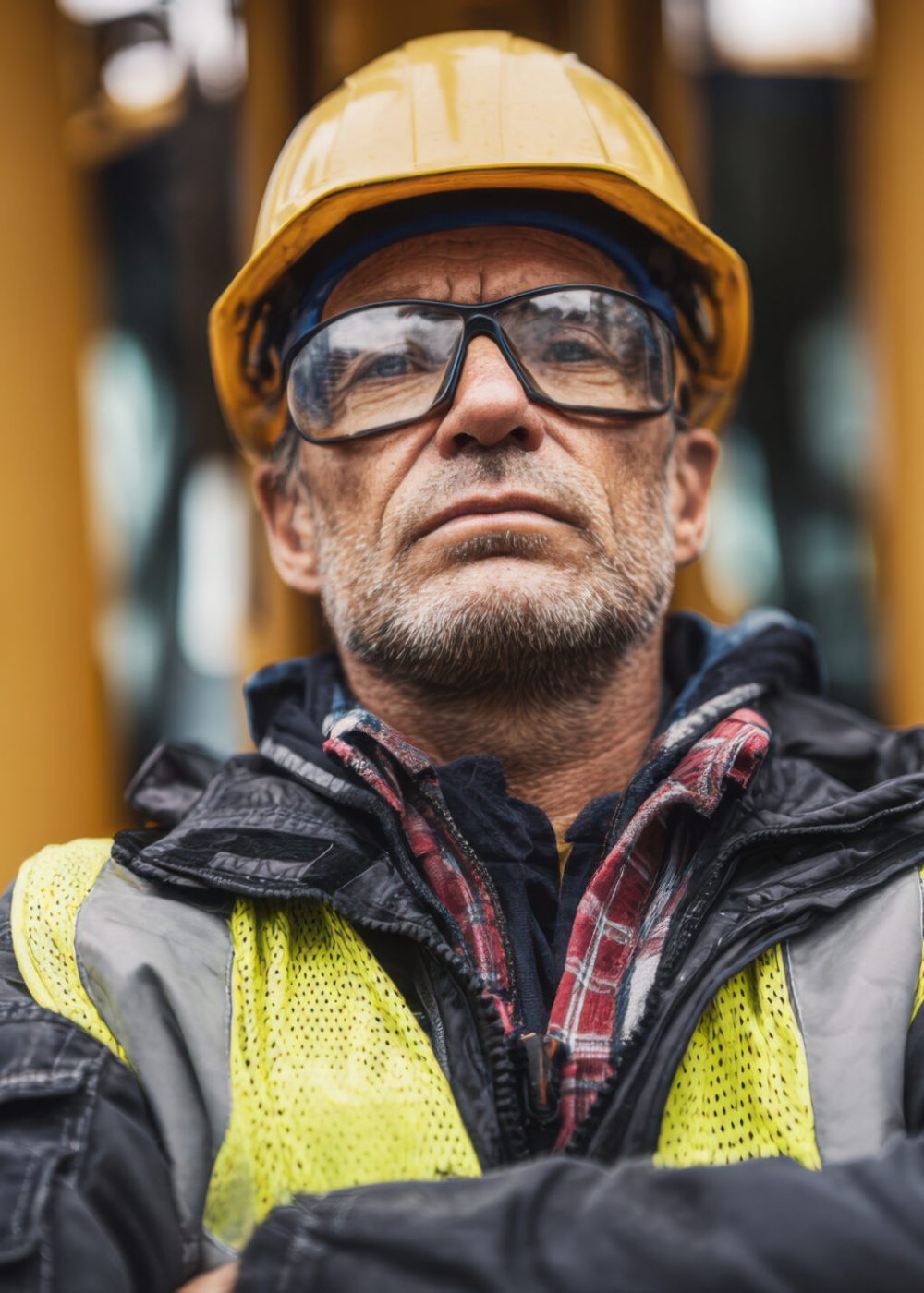 A focused construction worker wearing a yellow safety helmet, protective eyewear, and a reflective vest stands amid an active industrial site, highlighting the importance of safety protocols and